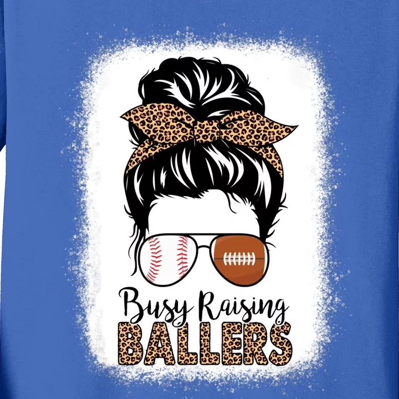 Baseball Football Mom Messy Bun Busy Raising Ballers Leopard Gift Kids Long Sleeve Shirt