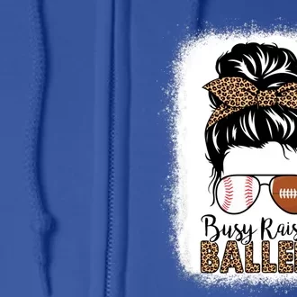 Baseball Football Mom Messy Bun Busy Raising Ballers Leopard Gift Full Zip Hoodie