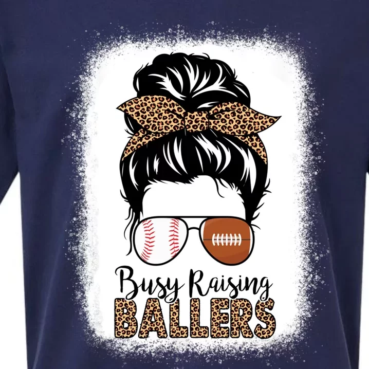 Baseball Football Mom Messy Bun Busy Raising Ballers Leopard Gift Sueded Cloud Jersey T-Shirt