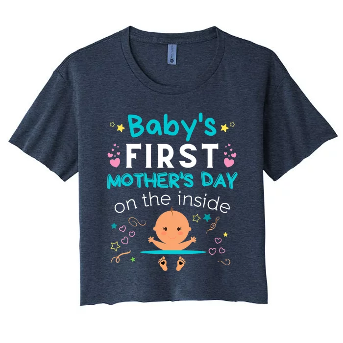 Baby's First Mother's Day On The Inside Boy Pregnant Mommy Women's Crop Top Tee