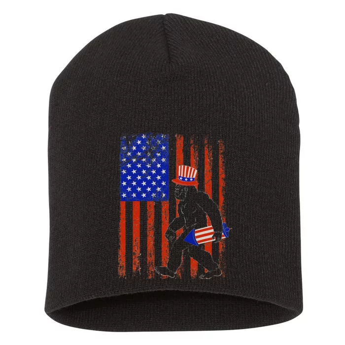 Bigfoot Fireworks Merica 4th of July USA Flag Patriotic Short Acrylic Beanie