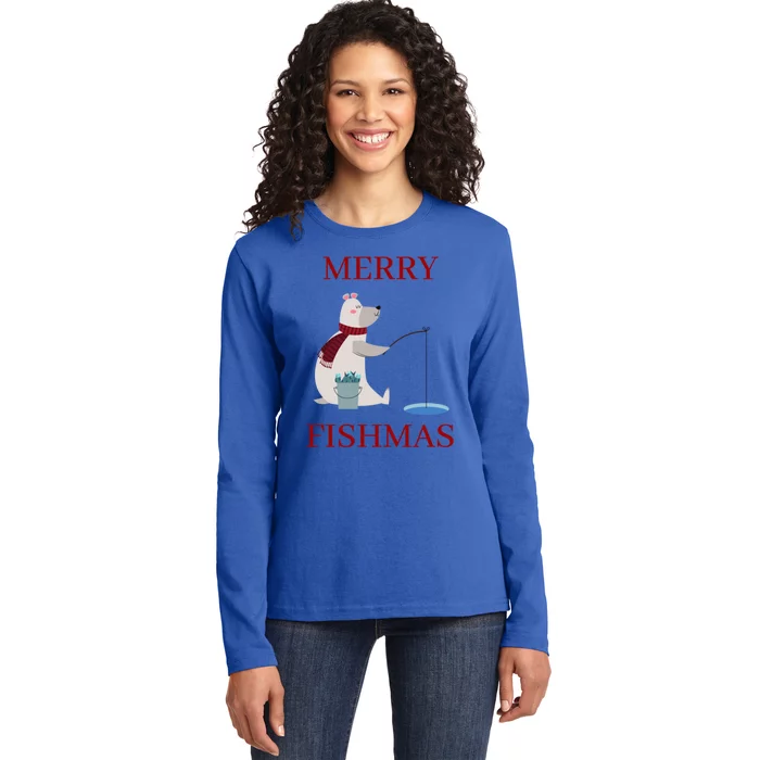 Bear Fishing Merry Fishmas Funny Gift Ladies Long Sleeve Shirt