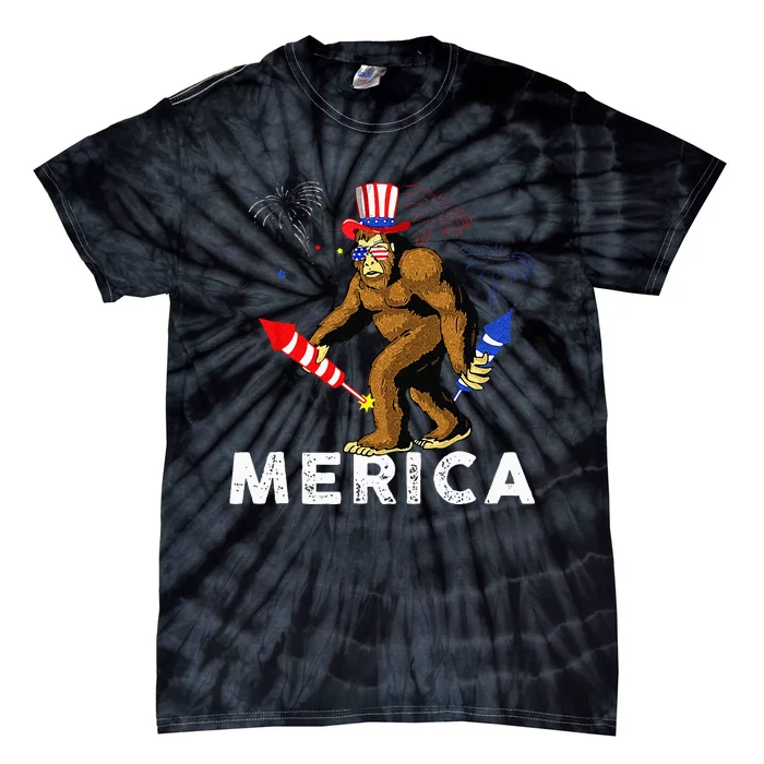 Bigfoot Fireworks Merica 4th Of July Sasquatch Tie-Dye T-Shirt