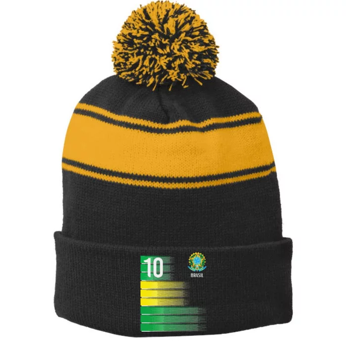 Brasil Flag Number 10 Brazil Soccer Stripe Pom Pom Beanie