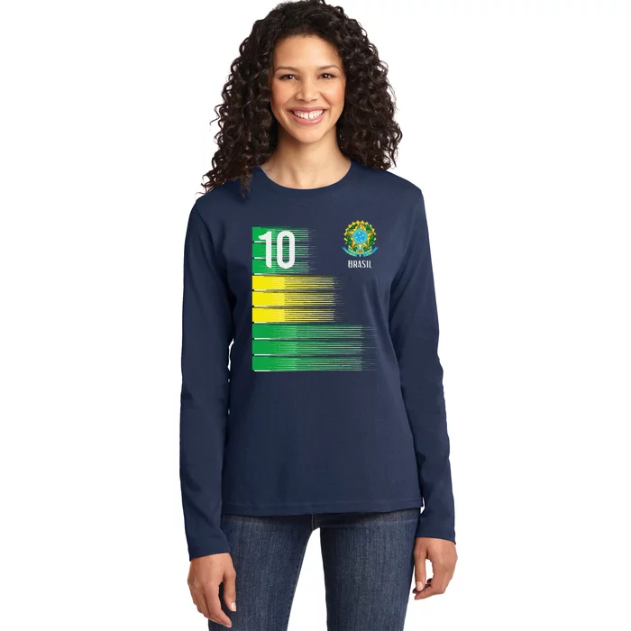 Brasil Flag Number 10 Brazil Soccer Ladies Long Sleeve Shirt