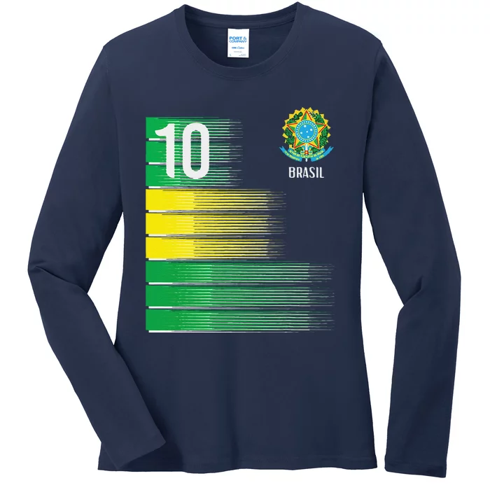 Brasil Flag Number 10 Brazil Soccer Ladies Long Sleeve Shirt