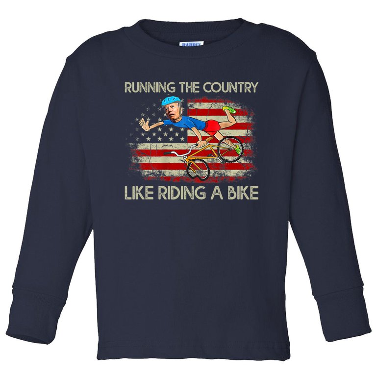 Biden Falls Off Bike Joe Biden Falling Off His Bicycle America Flag Toddler Long Sleeve Shirt