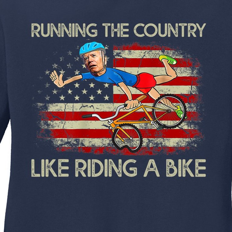 Biden Falls Off Bike Joe Biden Falling Off His Bicycle America Flag Ladies Missy Fit Long Sleeve Shirt