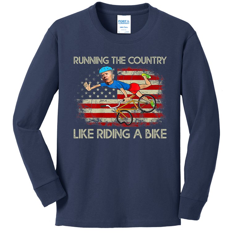 Biden Falls Off Bike Joe Biden Falling Off His Bicycle America Flag Kids Long Sleeve Shirt