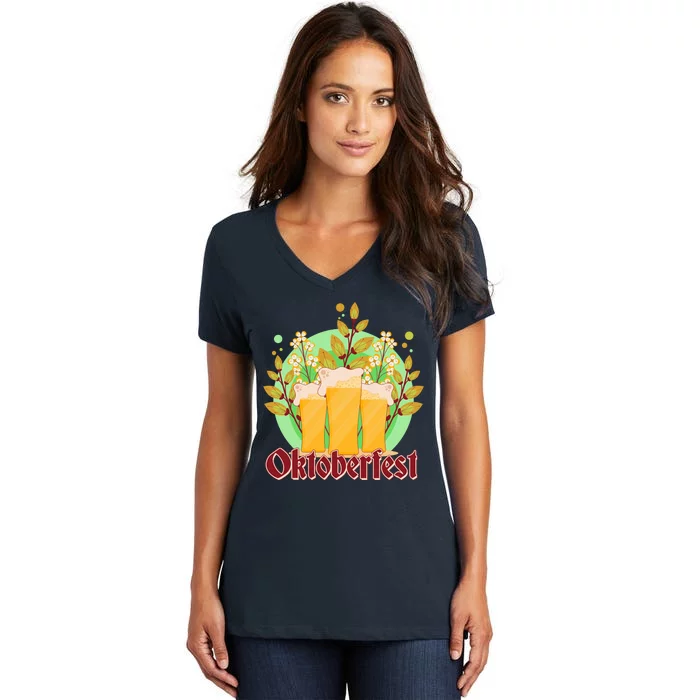 Boho Floral Oktoberfest Beers Women's V-Neck T-Shirt