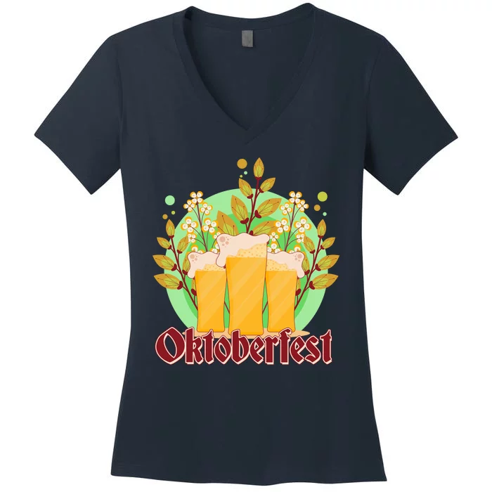 Boho Floral Oktoberfest Beers Women's V-Neck T-Shirt