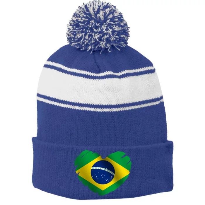 Brazil Flag On Shape Of Heart Brazilian Brazil Lovers Gift Stripe Pom Pom Beanie