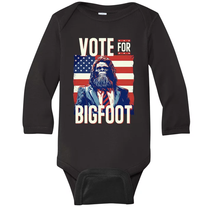 Bigfoot For President Election Vote Sasquatch USA Flag 2024 Baby Long Sleeve Bodysuit