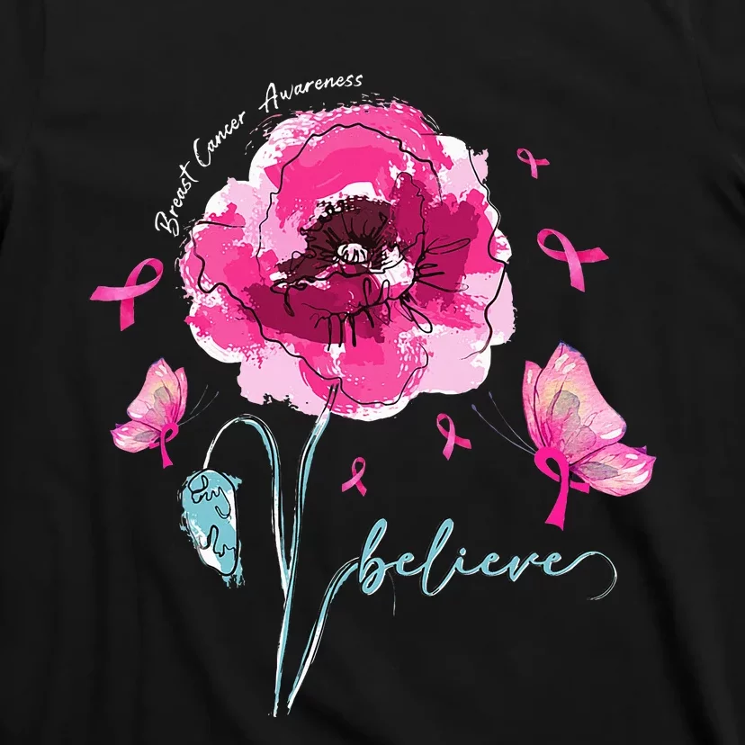 Butterfly Flower Pink Ribbon Breast Cancer Awareness T-Shirt