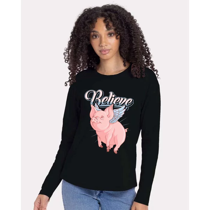 Believe Flying Pig With Wings Animal Motivational Novelty Gift Womens Cotton Relaxed Long Sleeve T-Shirt