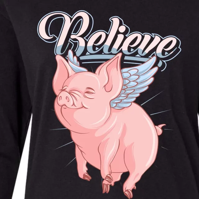 Believe Flying Pig With Wings Animal Motivational Novelty Gift Womens Cotton Relaxed Long Sleeve T-Shirt