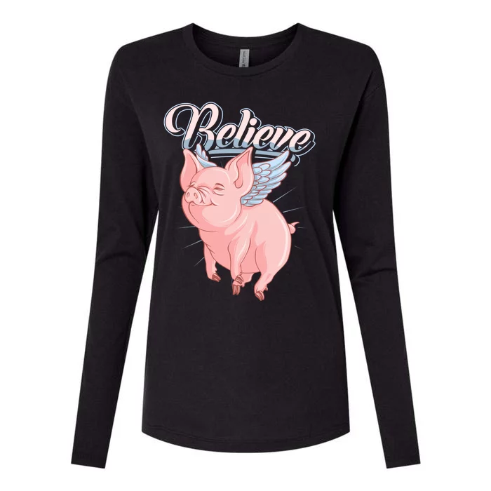 Believe Flying Pig With Wings Animal Motivational Novelty Gift Womens Cotton Relaxed Long Sleeve T-Shirt