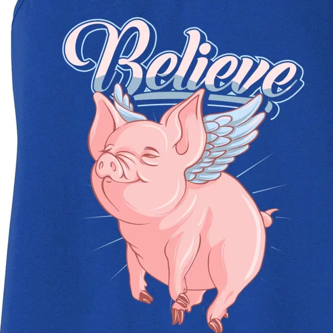 Believe Flying Pig With Wings Animal Motivational Novelty Gift Women's Racerback Tank