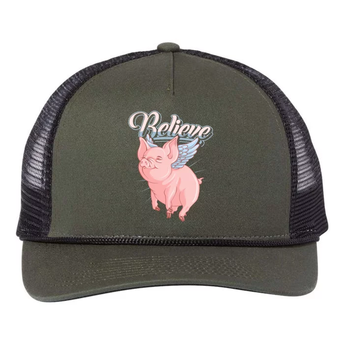 Believe Flying Pig With Wings Animal Motivational Novelty Gift Retro Rope Trucker Hat Cap