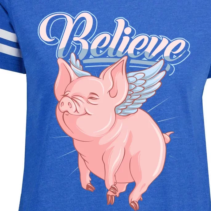 Believe Flying Pig With Wings Animal Motivational Novelty Gift Enza Ladies Jersey Football T-Shirt