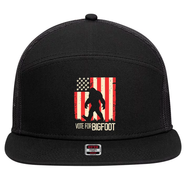 Bigfoot for President Election Vote Sasquatch USA Flag 2024 7 Panel Mesh Trucker Snapback Hat