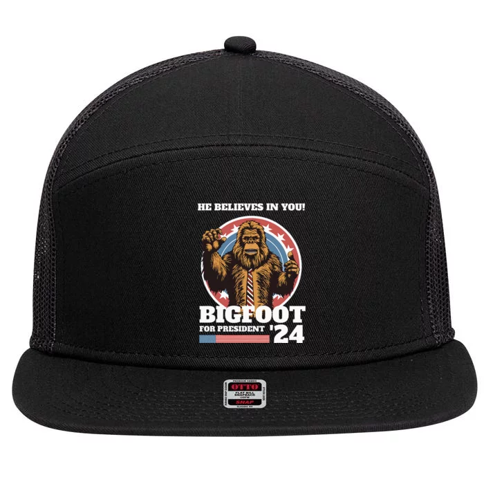 Bigfoot For President 2024 He Believes In You Sasquatch 7 Panel Mesh Trucker Snapback Hat