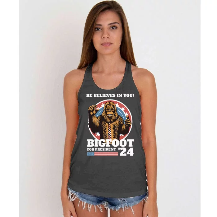 Bigfoot For President 2024 He Believes In You Sasquatch Women's Knotted Racerback Tank