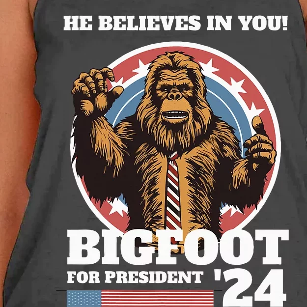 Bigfoot For President 2024 He Believes In You Sasquatch Women's Knotted Racerback Tank