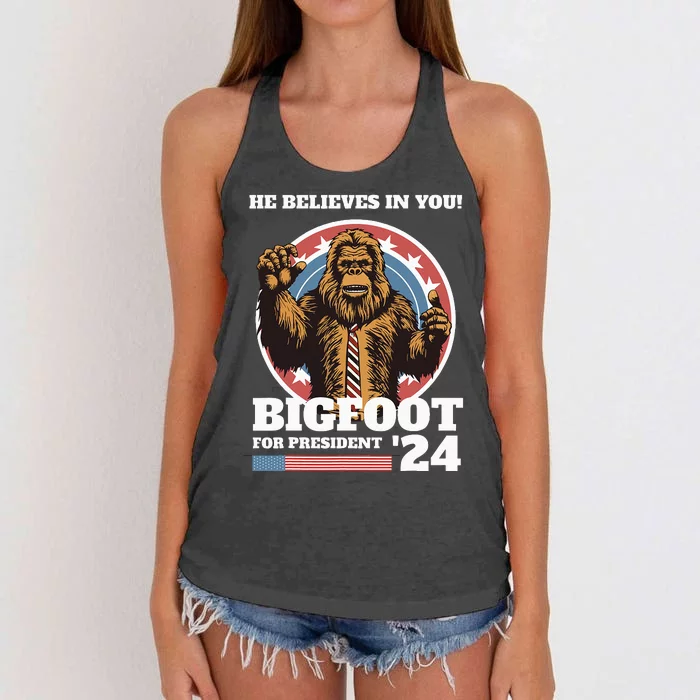 Bigfoot For President 2024 He Believes In You Sasquatch Women's Knotted Racerback Tank