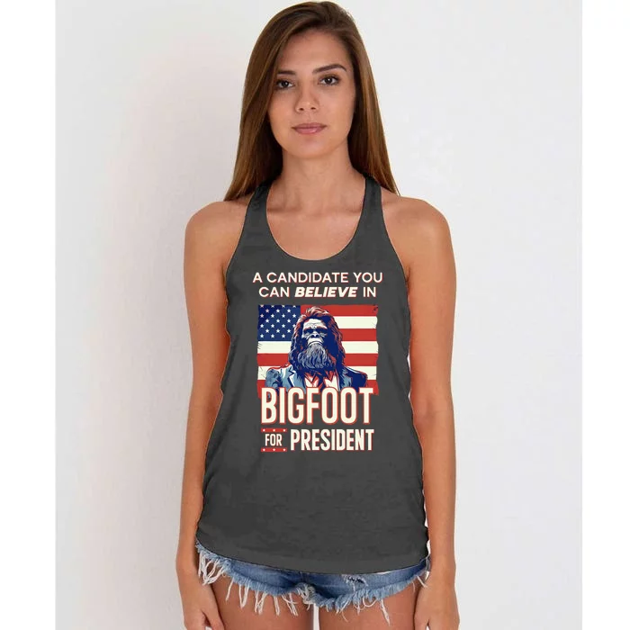 Bigfoot For President Believe Vote Elect Sasquatch Candidate Women's Knotted Racerback Tank