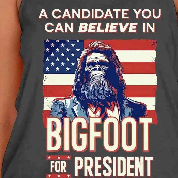 Bigfoot For President Believe Vote Elect Sasquatch Candidate Women's Knotted Racerback Tank