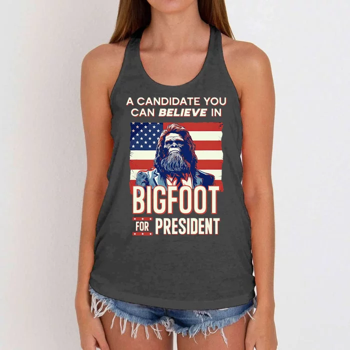 Bigfoot For President Believe Vote Elect Sasquatch Candidate Women's Knotted Racerback Tank