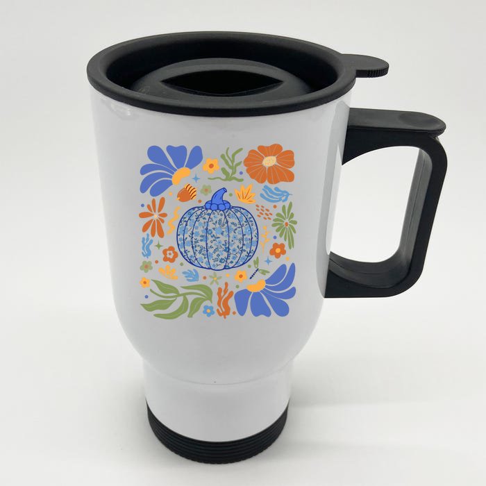 Blue Floral Pumpkin Thanksgiving Autumn Fall Season Halloween Front & Back Stainless Steel Travel Mug