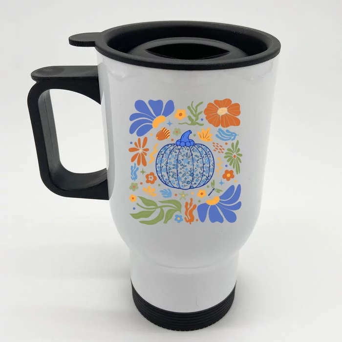 Blue Floral Pumpkin Thanksgiving Autumn Fall Season Halloween Front & Back Stainless Steel Travel Mug