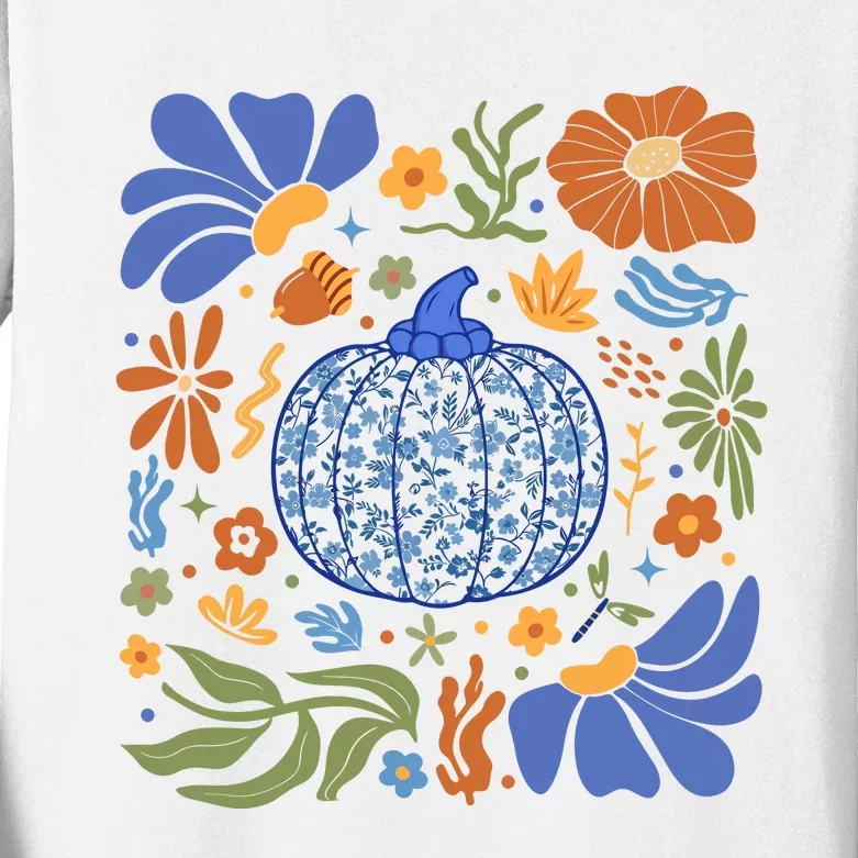 Blue Floral Pumpkin Thanksgiving Autumn Fall Season Halloween Kids Long Sleeve Shirt