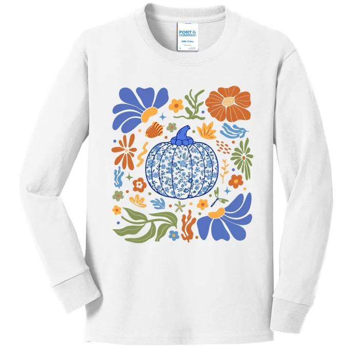 Blue Floral Pumpkin Thanksgiving Autumn Fall Season Halloween Kids Long Sleeve Shirt