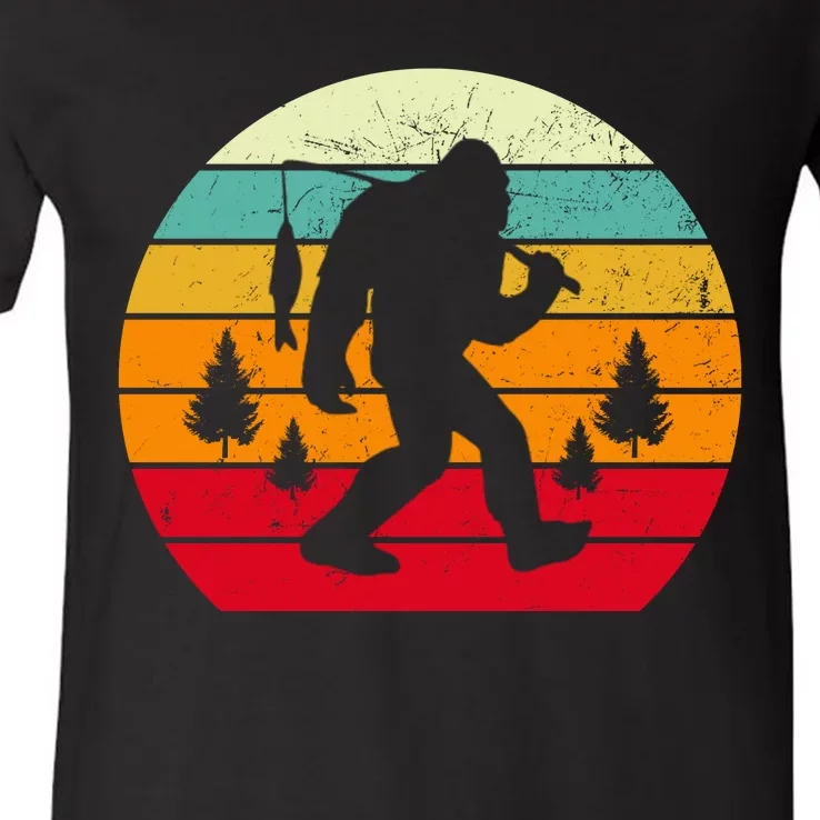 Bigfoot Fishing Retro Sunset V-Neck T-Shirt