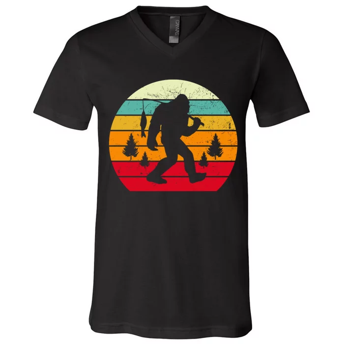 Bigfoot Fishing Retro Sunset V-Neck T-Shirt