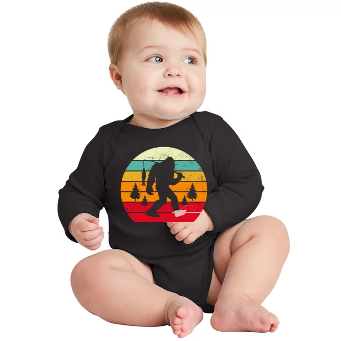 Bigfoot Fishing Retro Sunset Baby Long Sleeve Bodysuit