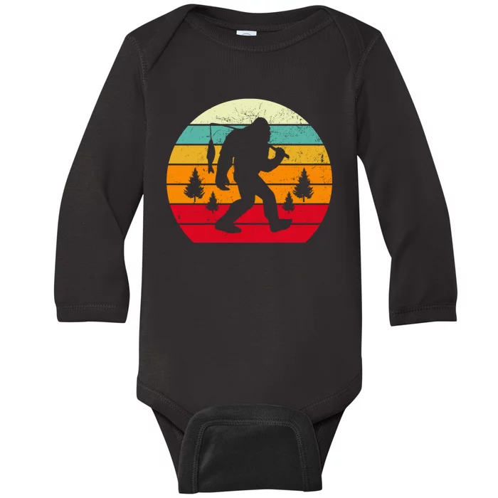 Bigfoot Fishing Retro Sunset Baby Long Sleeve Bodysuit