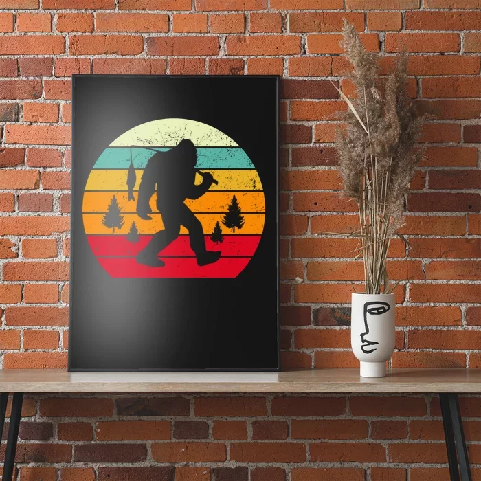 Bigfoot Fishing Retro Sunset Poster