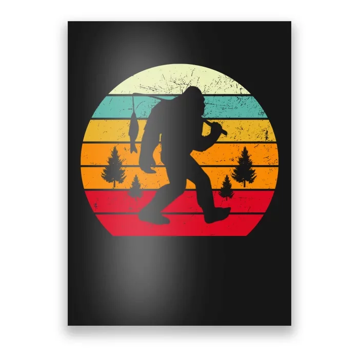 Bigfoot Fishing Retro Sunset Poster