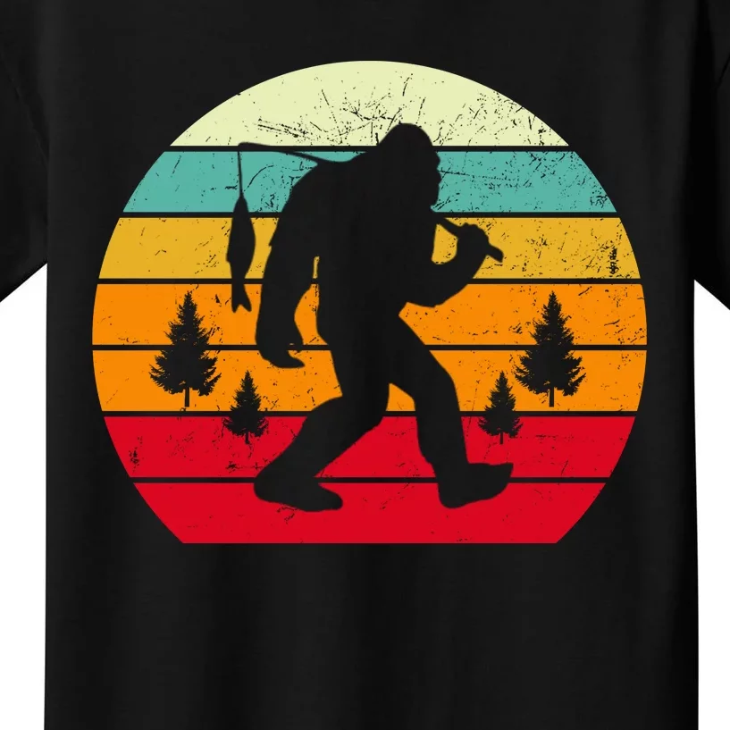 Bigfoot Fishing Retro Sunset Kids T-Shirt