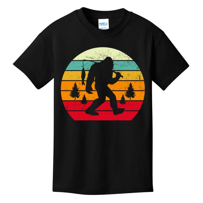 Bigfoot Fishing Retro Sunset Kids T-Shirt