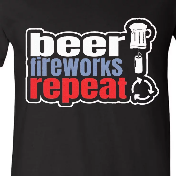 Beer Fireworks Repeat USA Patriotic 4th of July V-Neck T-Shirt