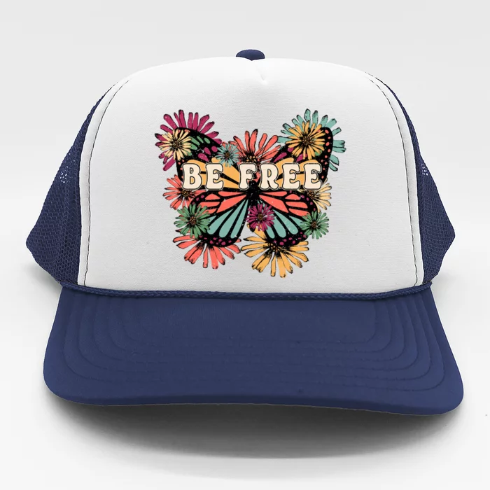 Be Free Retro Butterfly Slogan Floral Quote Flowers Lover Trucker Hat