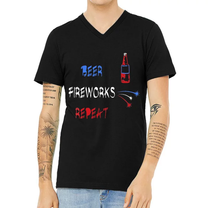 Beer Fireworks Repeat USA Patriotic 4th Of July V-Neck T-Shirt