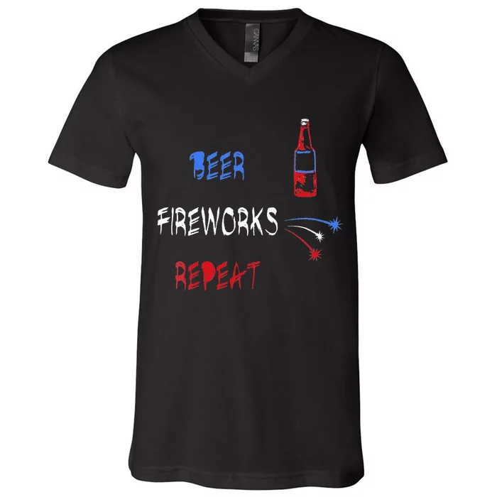 Beer Fireworks Repeat USA Patriotic 4th Of July V-Neck T-Shirt