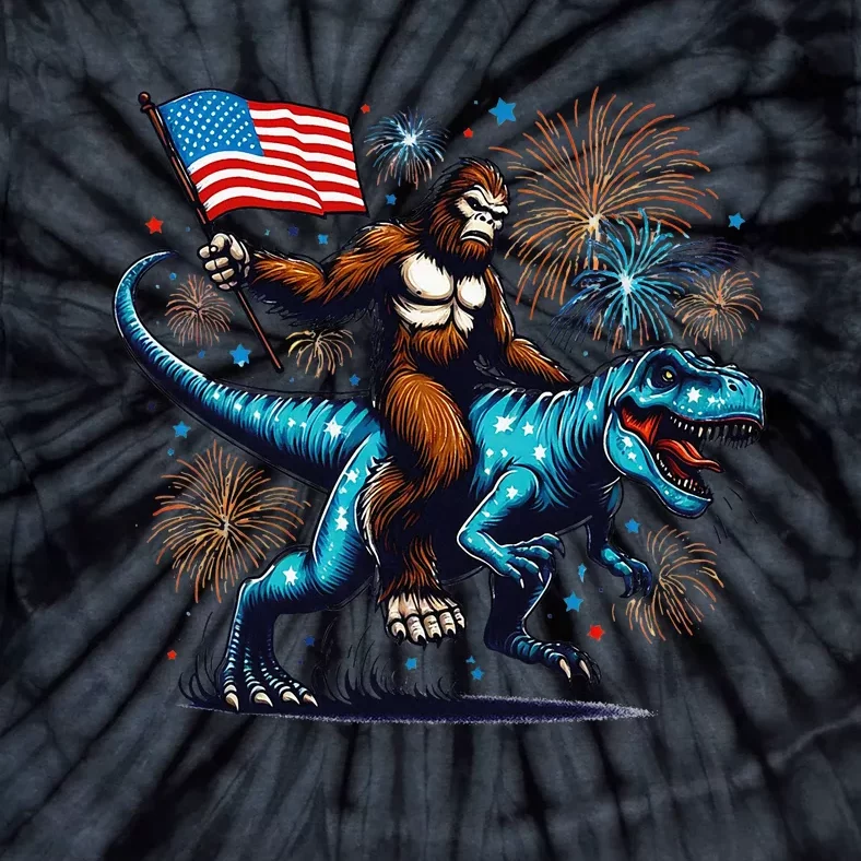 Bigfoot Fireworks Riding A Trex With Usa Flag Tie-Dye T-Shirt