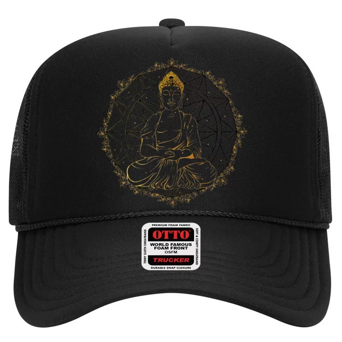 Buddha Figurine Statue Guatama Buddhism Meditation Zen Yoga High Crown Mesh Trucker Hat